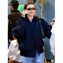 Hailey Bieber Navy Blue Bomber Jacket